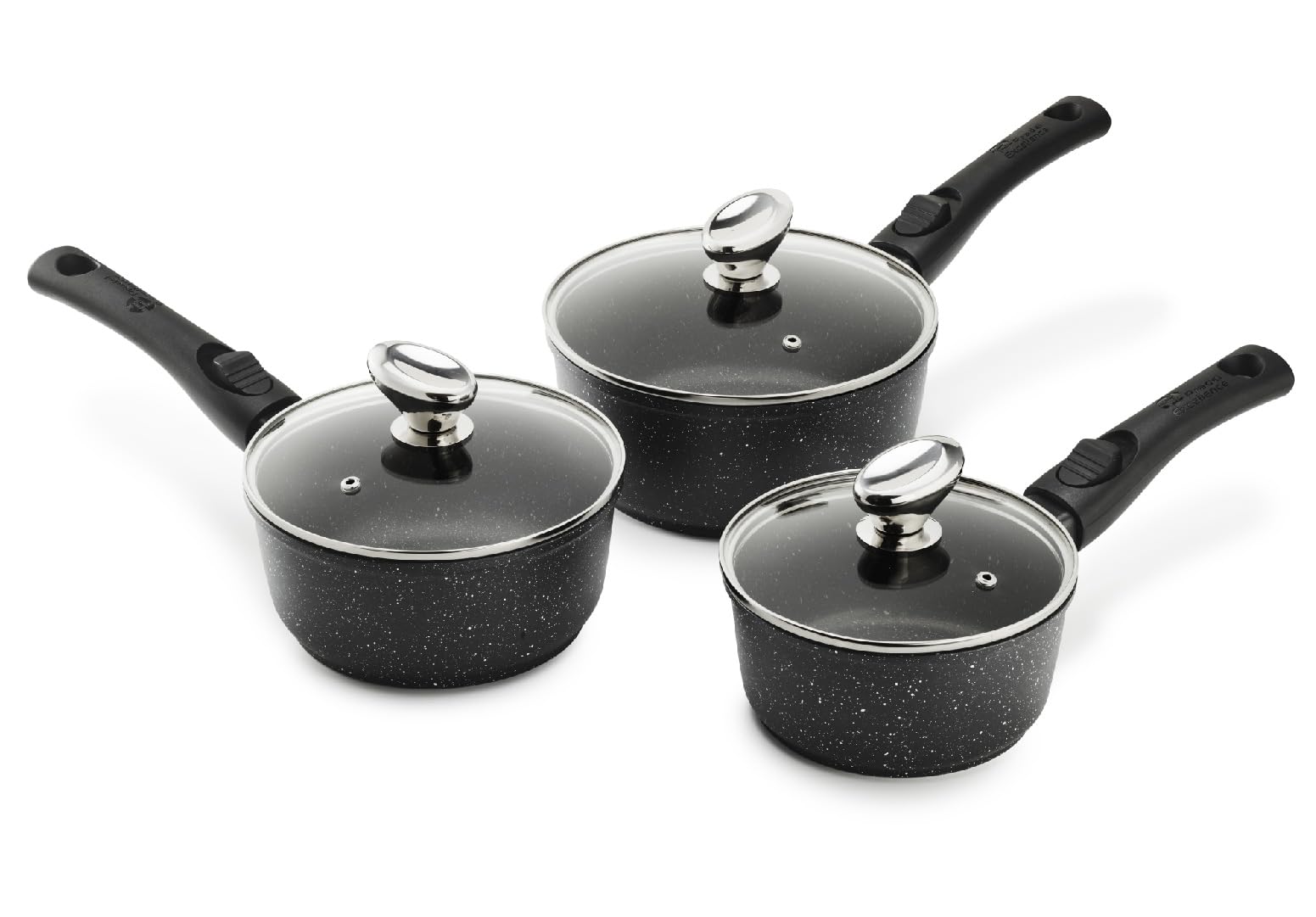 Pradel Excellence - PCUI001031 - Lot de 3 Casseroles 16, 18, 20 cm avec Couvercles - Premium - Fonte d’Aluminium - Revêtement Antiadhésif façon Pierre - 3 Manches Amovibles - Tous Feux, Four