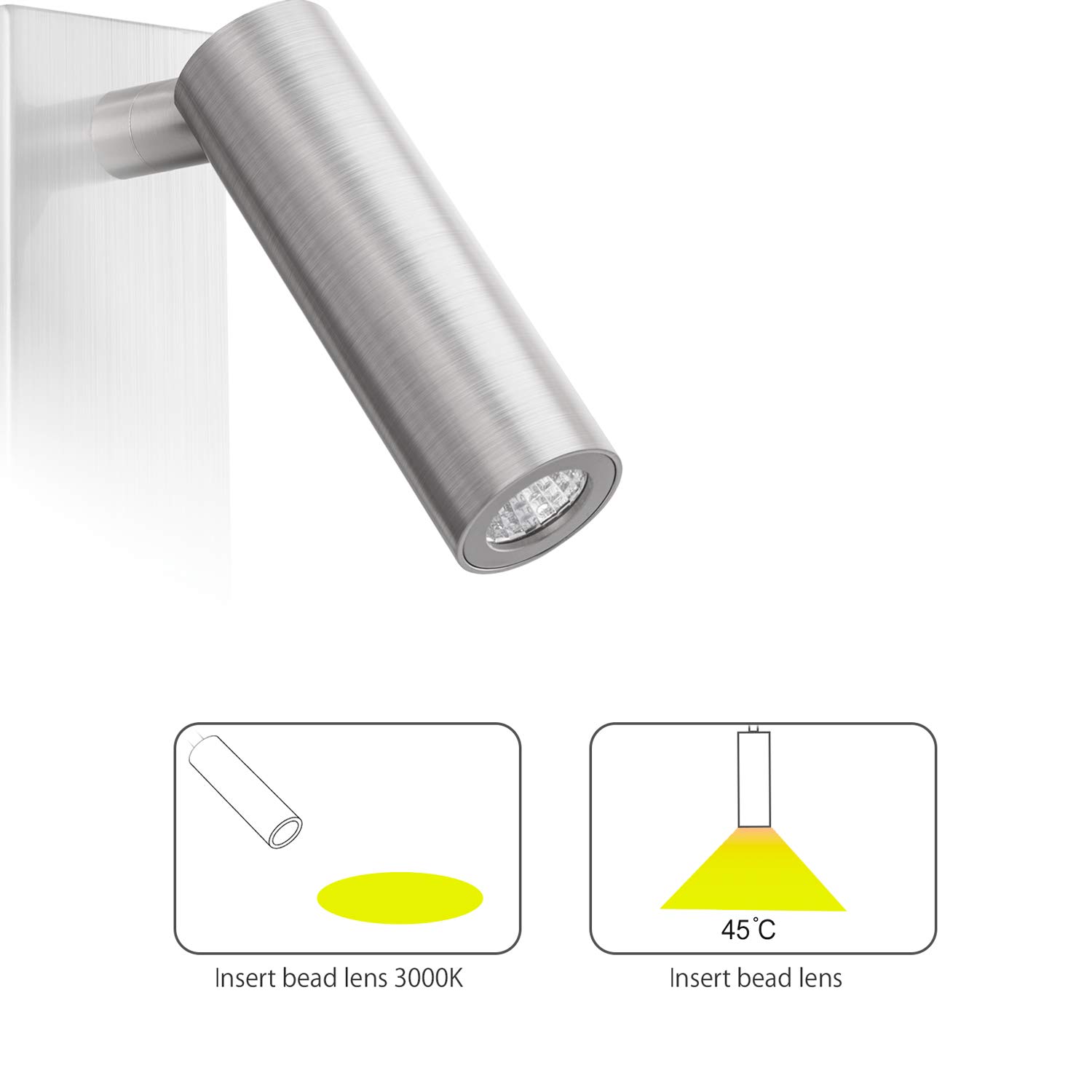 Meanyee Wandleuchte Wandleselampe Kopfteil Nachttischleuchte mit Drehschalter/Dimmbar/Verstellbarer Arm/Nickel gebürstet / 3000K 4.5W/MY-WN225A LED (Oberfläche Installieren)