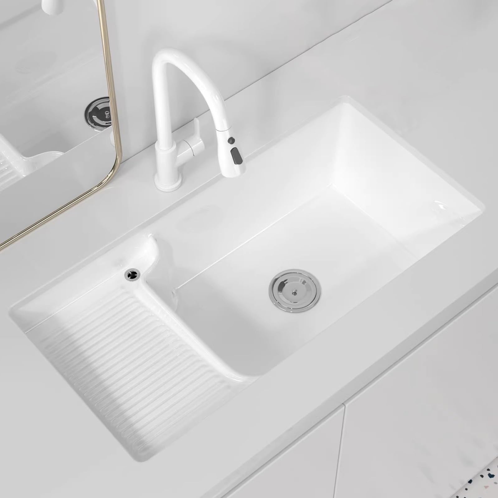 Spülbecken mit Waschbrett, Unterbauspüle aus Keramik für Waschküche, Badezimmer mit Wasserhahn und Ablauf-Set