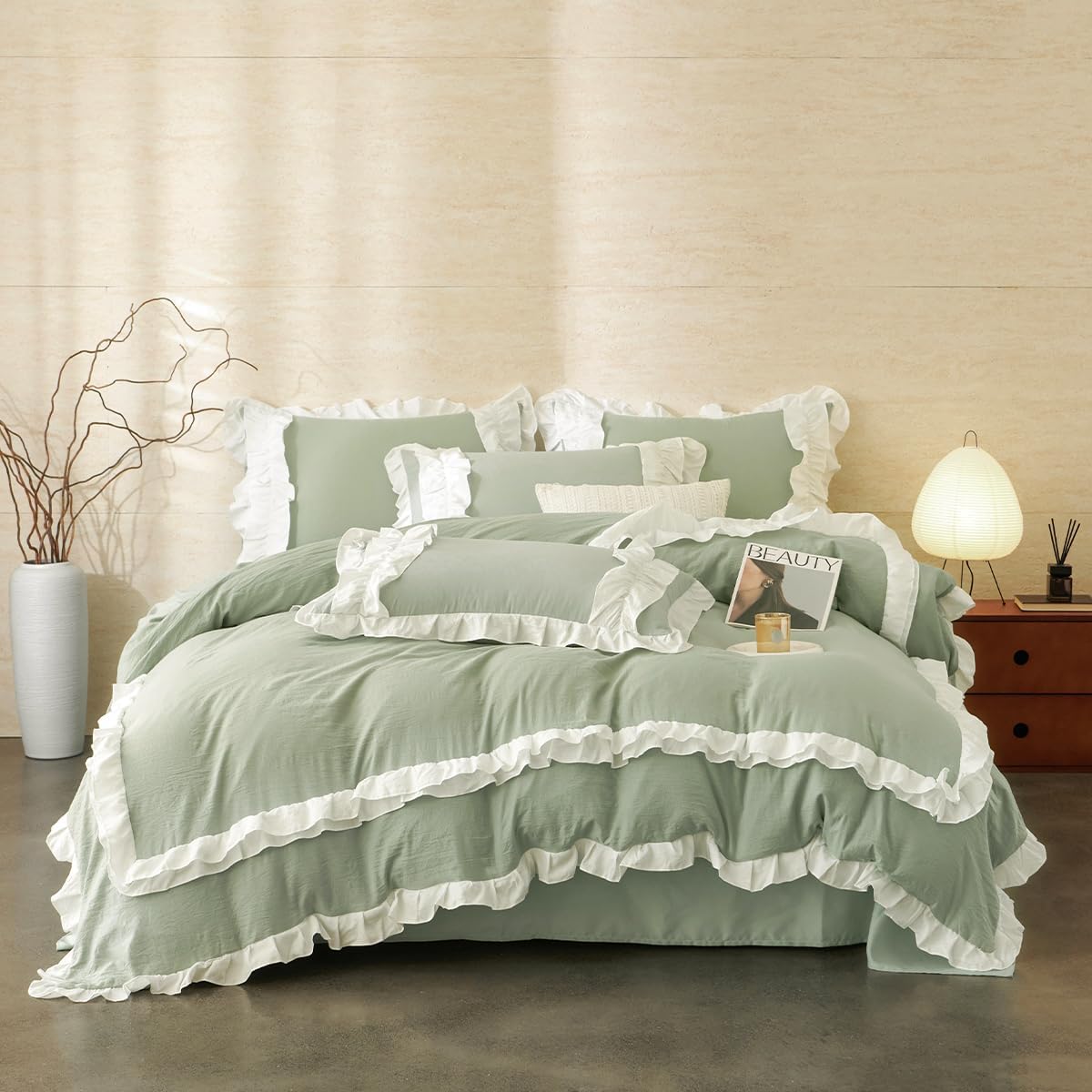 Green Ruffle Duvet Cover Queen 3Pcs Shabby Chic Farmhouse Bedding Set Girls 100% Washed Microfiber Duvet Cover Set Boho Vintage Ruffled Bedding with 2 Pillowcases(No Comforter) - Image 3