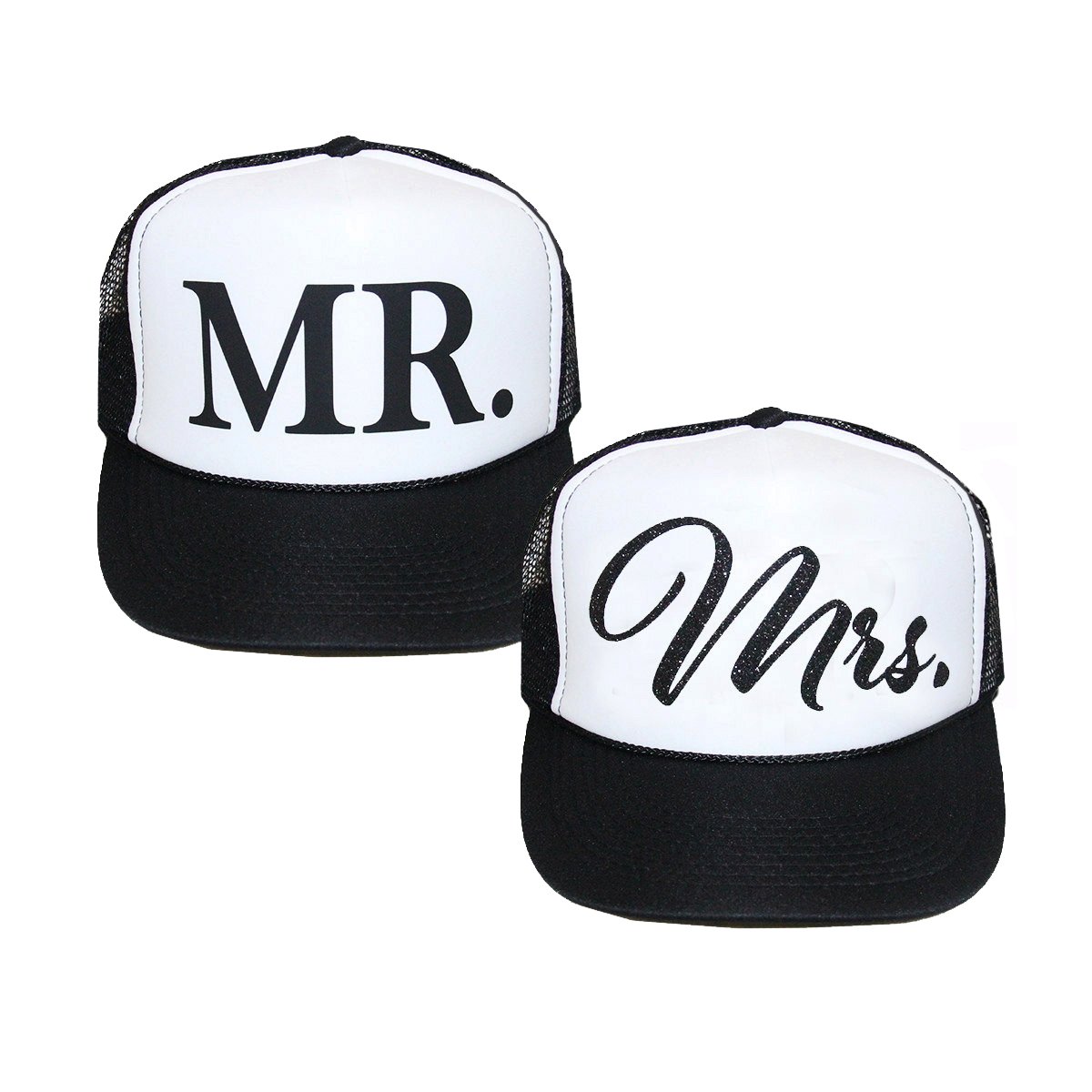 Classy Bride Mr. and Mrs. Trucker Hat Set Black, White
