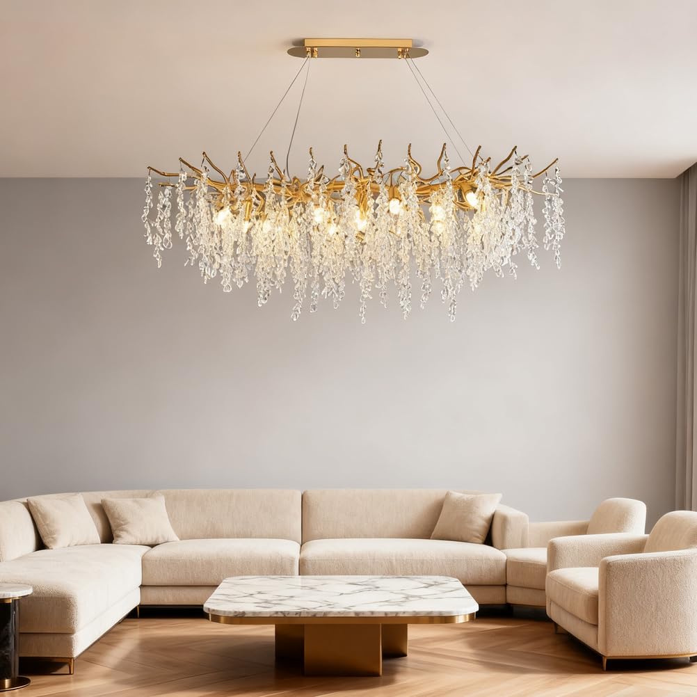 KXEcoLife Modern Crystal Chandelier Tree Branch Crystals Ceiling Light Fixtures Large Rectangular Chandeliers for Living Room, Dining Room Over Table Lights Fixture,L120cm