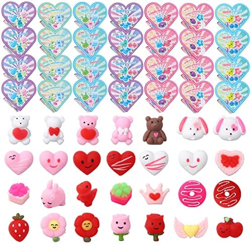 FunsLane 28 Pcs Mochi Squishy Toys Party Favors with Heart Boxes, Valentines Gifts for Kids Squeeze Toys, Easter Egg Fillers Party Bag Fillers for Kids, Goodie Bag Fillers for Kids Boys Girls