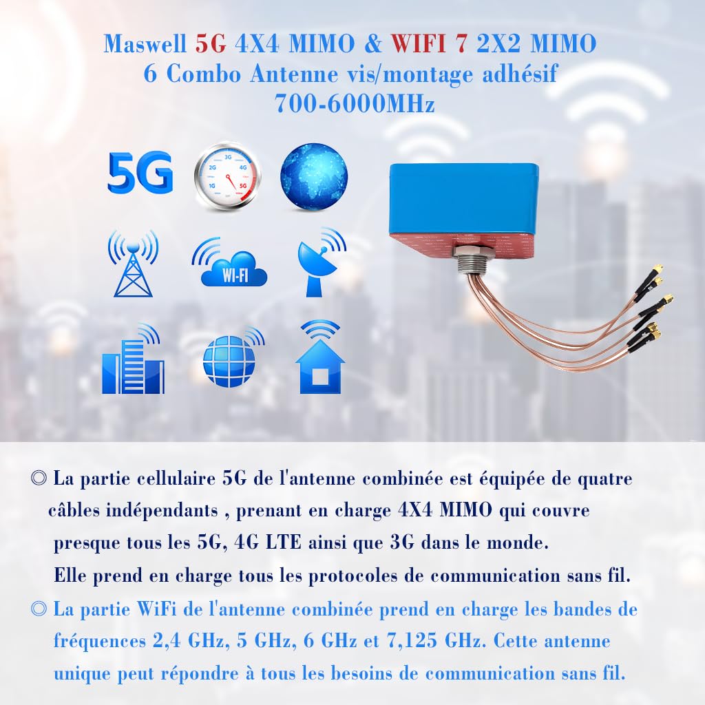 Maswell Antenne extérieure 6-en-1 4X4 MIMO 5G + WiFi 7 2X2 MIMO, Faible Gain 3dBi 700-6000 MH in, avec WiFi 6E, Bluetooth, WiMAX et Zigbee, Montage à vis et adhésif, SMA et RP-SMA