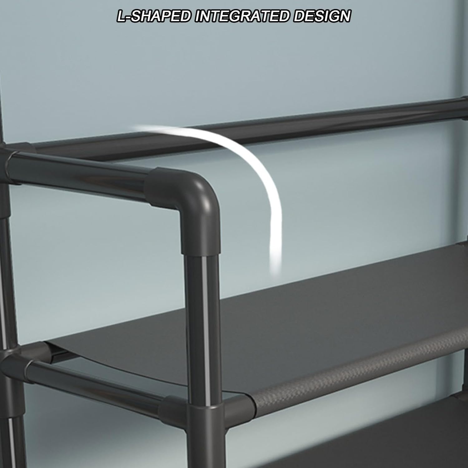 Close-up of L-shaped integrated design connection point on the rack