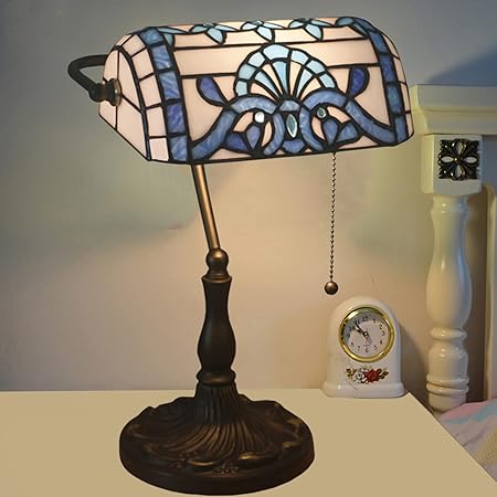 errzom Banker Lamp, Tiffany Office Desk Lamp, Green Blue Baroque Style Stained Glass Table Lamp, 15" Tall Luxury Memory Adjustable Reading Piano Lamp for Living Room Bedroom Library,Blue photo 3