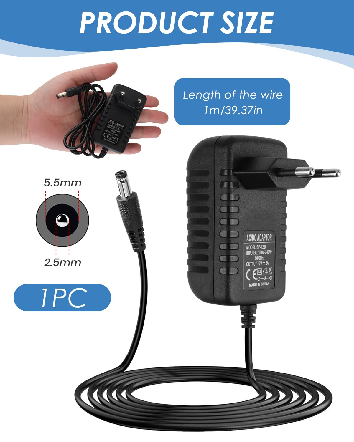 Adaptateur Secteur 12V 2A Universel - Câble 1m | Pour Ruban LED, Routeur, Caméra, Radio... - 4