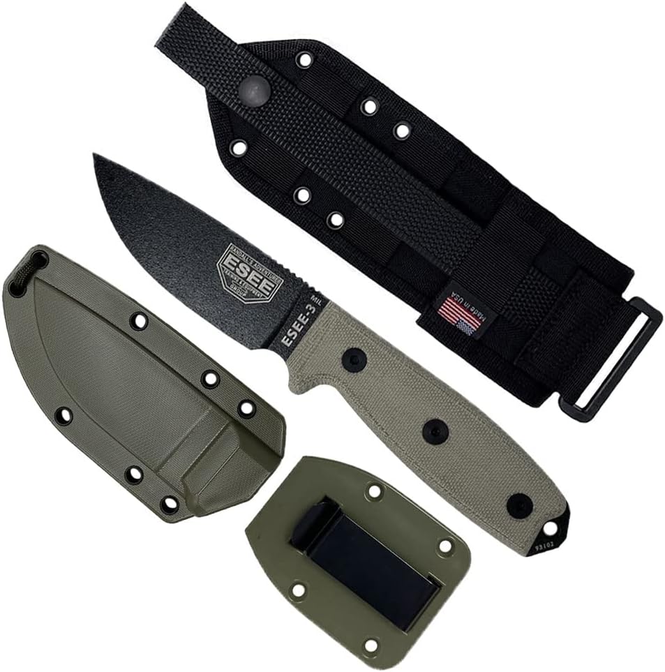 ESEE Knives ESEE-3MIL-P Military Plain Black Edge / w Green Canvas Micarta Handles