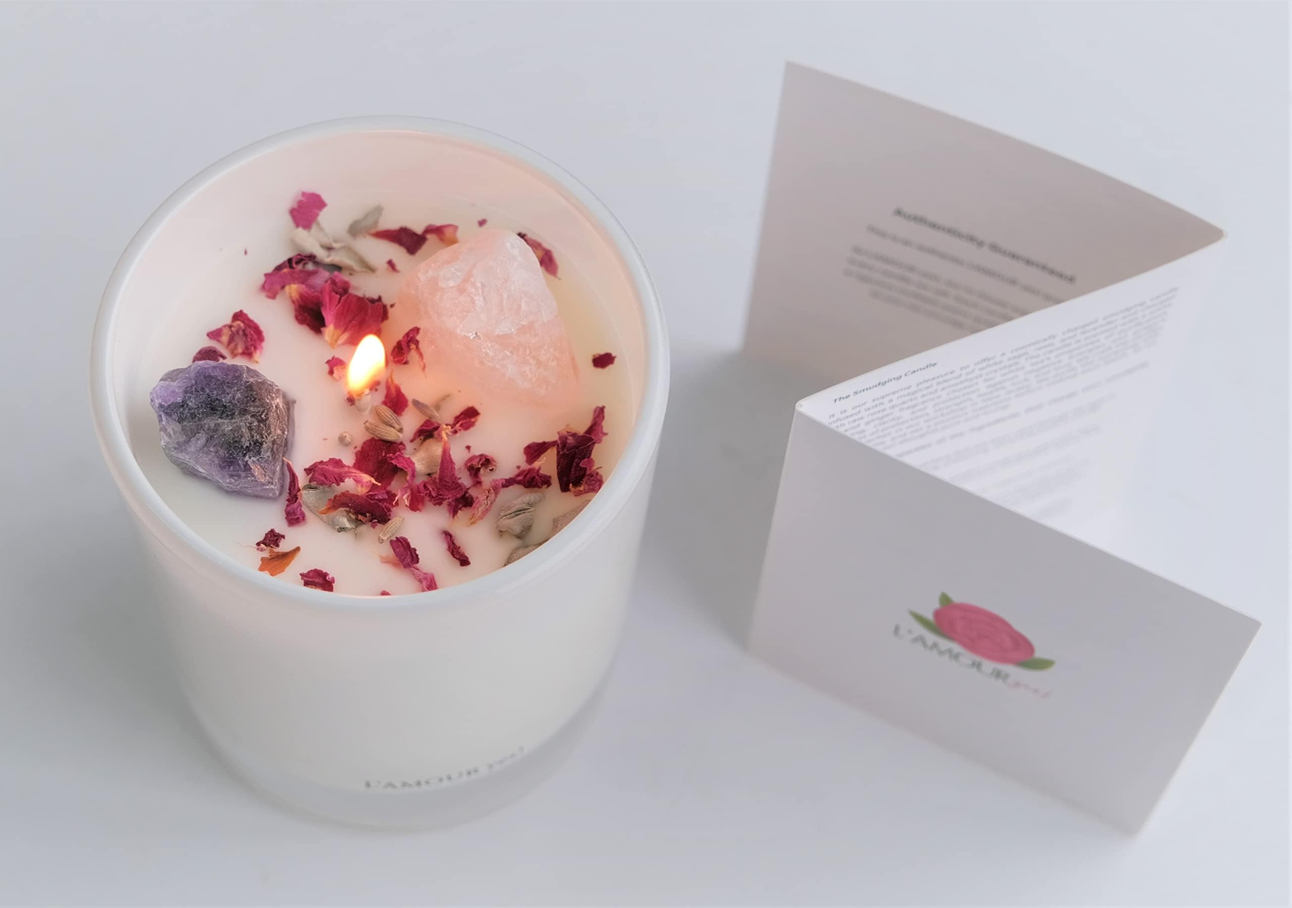Luxury Handmade Smudging Candle (8 oz) Made w/White Sage, Lavender, Rose, Raw Amethyst, and Raw Rose Quartz | Smudging, Meditation, Energy Cleansing