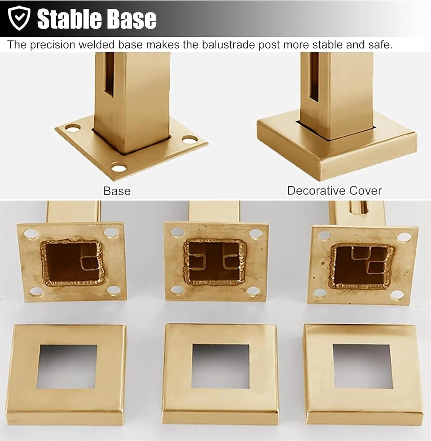 Elegant Modern Gold Glass Railing Post System - Durable Indoor/Outdoor Balustrade Kit with Square Clamp for Glass Panels - Stylish Handrail for Stairs Balconies Decks & Guardrails