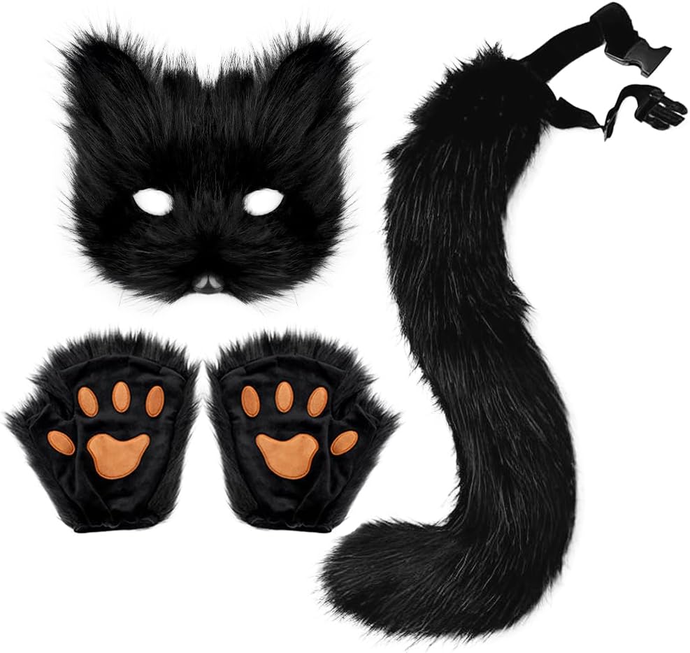 JUNBOON Faux Fur Cat Ears and Wolf Fox Tail Set Adult Kids Claw Glove Kit for Halloween Anime Cosplay Party
