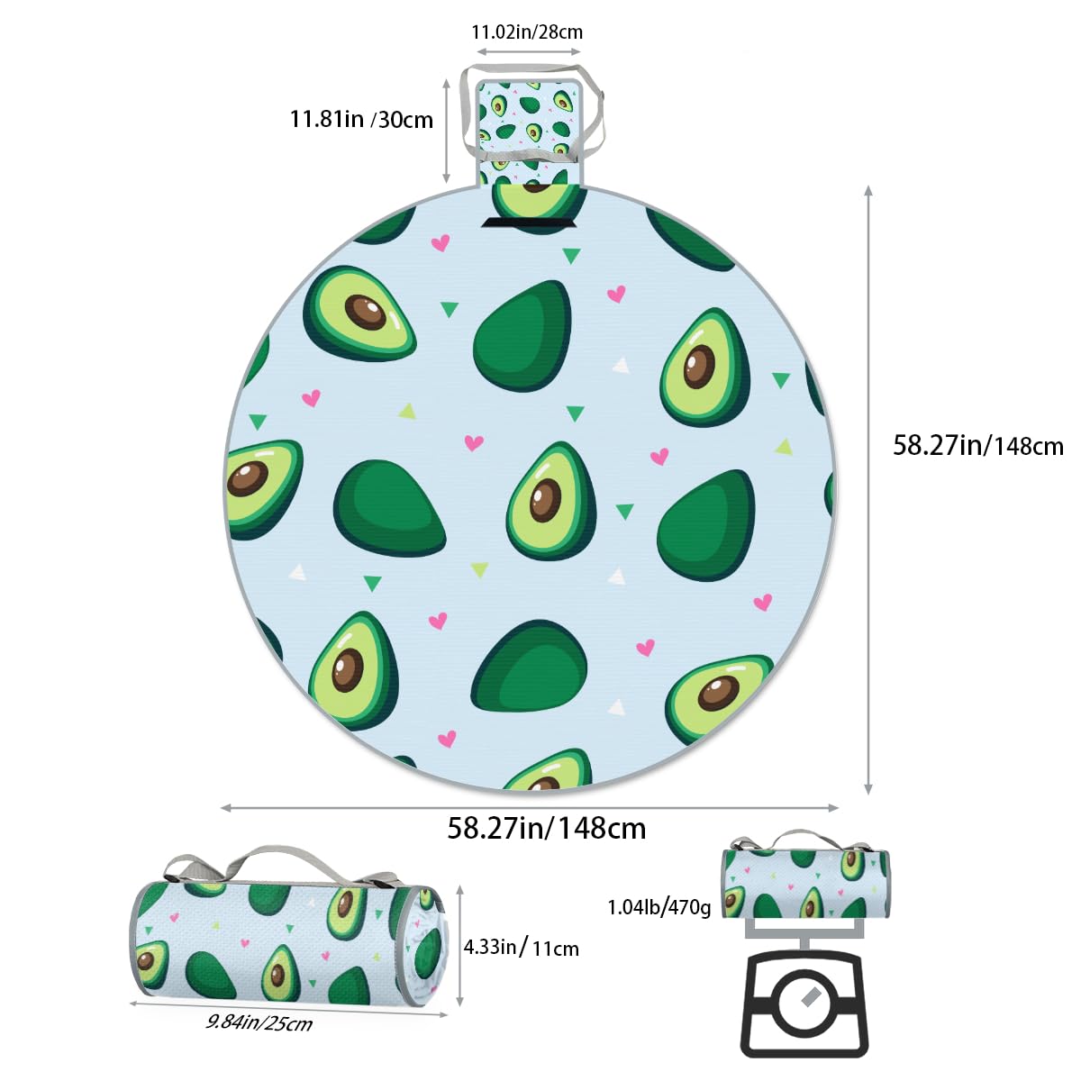 Shimoshe Lovely Avocado On Blue Background Picnic Outdoor Blanket Foldable Waterproof Sandproof Beach Blanket Portable Water-Resistant Round Picnic Mat for Travel Camping Park Lawn