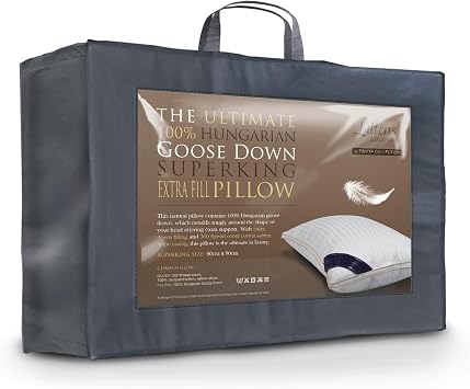 Littens Extra Filled Luxury Ultimate Collection Super King Size 100% Pure Hungarian Goose Down Pillow 300TC 100% Cotton Jacquard Casing, Down Proof, Gold Piping 50cm x 90cm