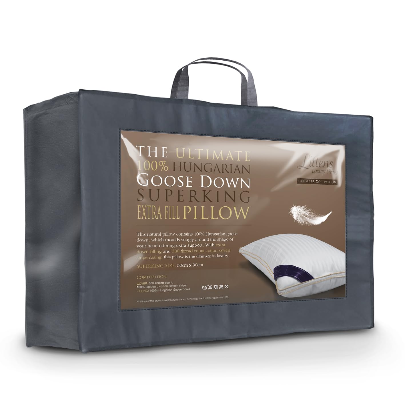 Littens Extra Filled Luxury Ultimate Collection Super King Size 100% Pure Hungarian Goose Down Pillow 300TC 100% Cotton Jacquard Casing, Down Proof, Gold Piping (50cm x 90cm) — image 1