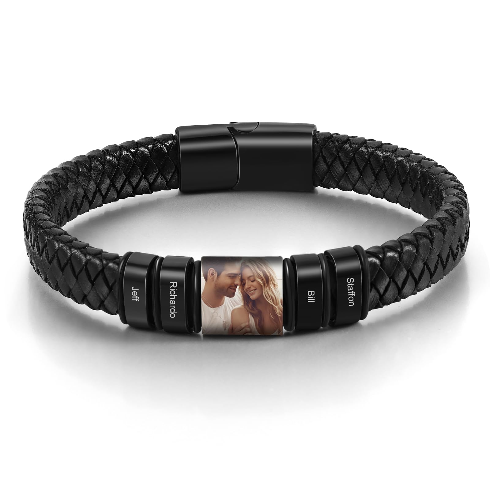 kaululu Pulsera de Cuero Personalizada con Foto para Hombre Pulsera de Cuero Cuentas con Nombres Grabados para Papá Marido Joyas Personalizadas Plata Negro