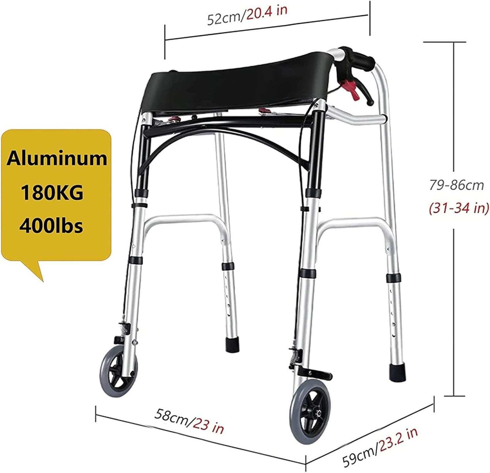 Leichter Aluminium Gehbock mit Rollen Klappbar, 4-Rad-Walker mit gepolstertem Sitz, arretierbare Bremsen, einfach zu faltender Gehwagen, für ältere oder behinderte Menschen, Mobilitätshilfe