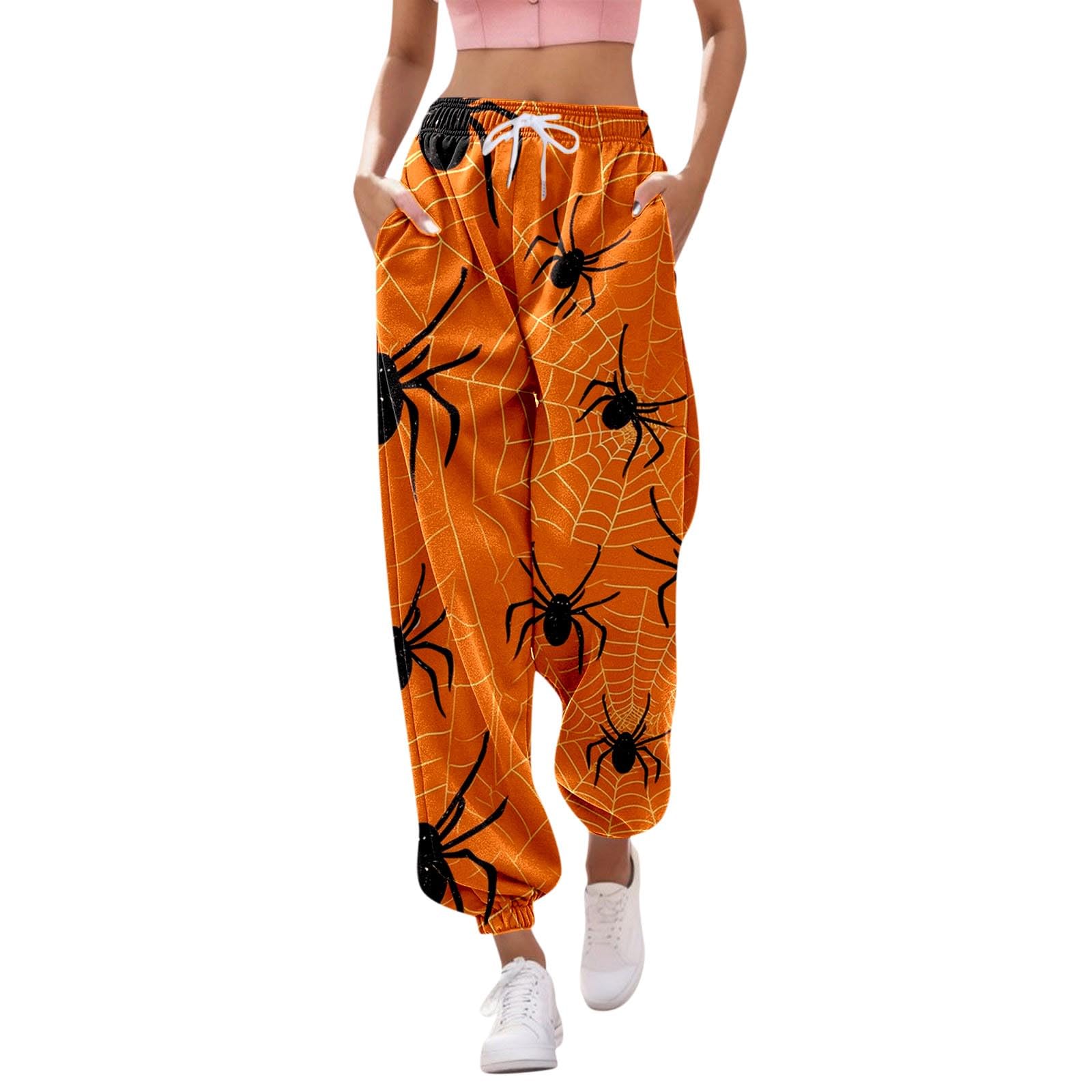 QWUVEDSWomens Halloween Print Pockets High Waist Athletic Gym Athletic Fit Jogger Pants Underdress Pants Women Ladies Training Pants Women Long Festival Pants Women