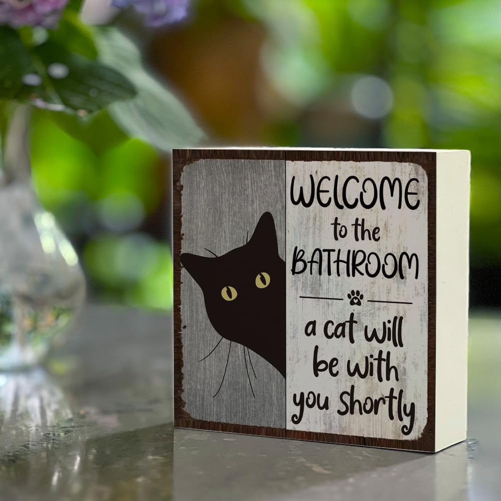 Bathroom Decor Funny Black Cat Farmhouse Wooden Box Sign Welcome to The Bathroom A Cat Vintage Sign for Home Toilet Restroom Shelf Tabletop Desk-117 - Image 4