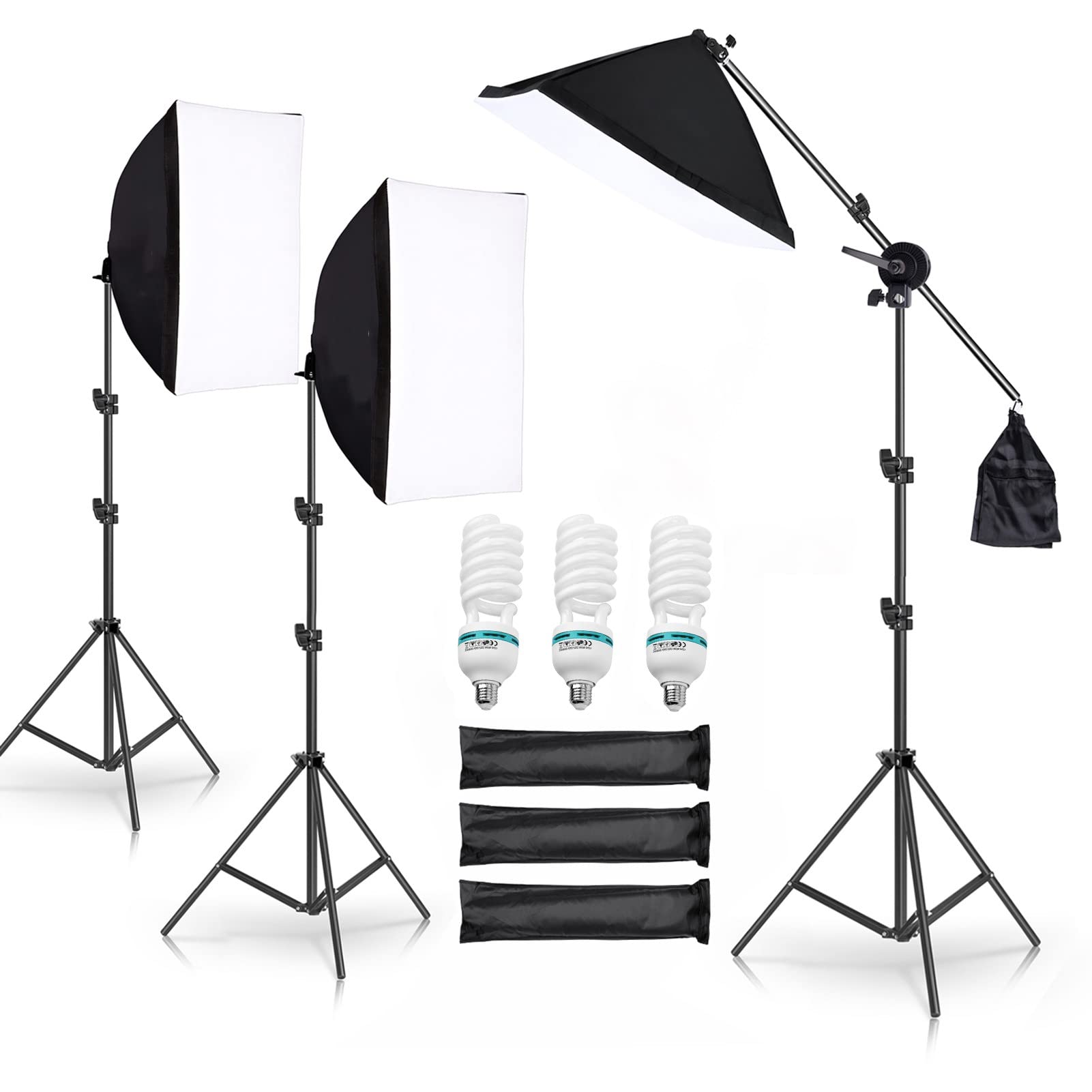 Andoer - Kit d'éclairage pour studio photo - 3 x 50 x 70 cm - Avec 3 lampes photo de 135 W - Trépied de 2 m - Bras de flèche pour YouTube, Tiktok, portraits de studio, photographie