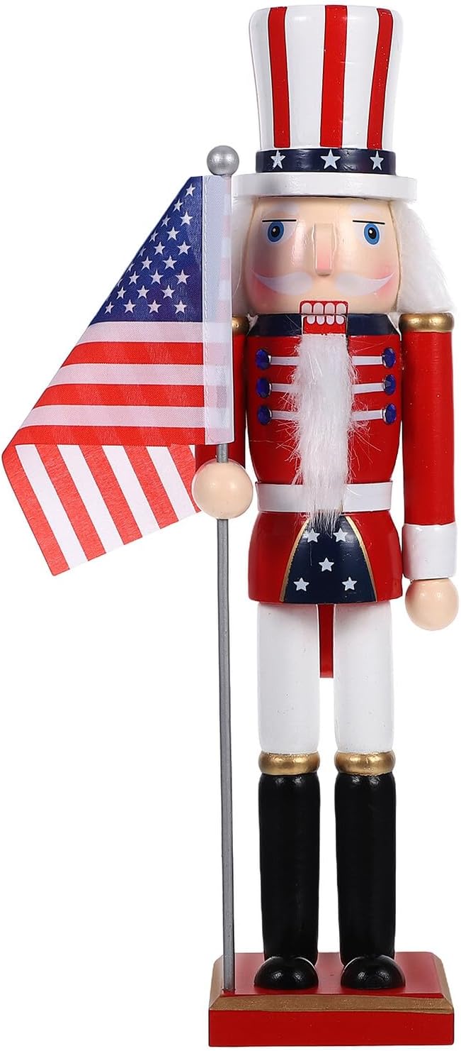4th of July Patriotic Wood Nutcracker Figurine 38cm Wooden Nutcracker Doll Soldier with Flag Holiday Table Decoration for Memorial Day and Summer Desktop Display