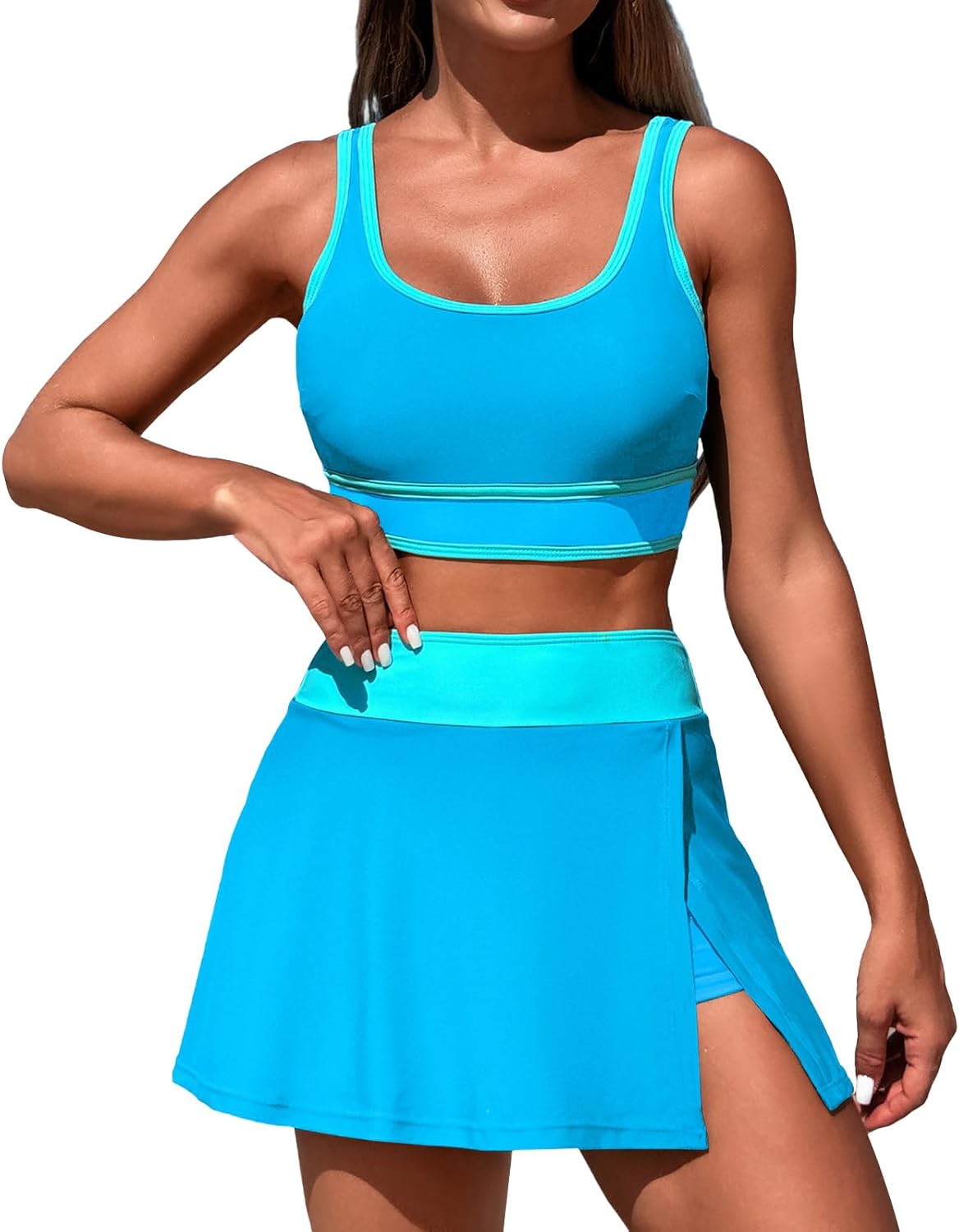 LUNNTE Dames bikini sets tweedelig badpak push-up badmode hoge taille strandbikini rok badpakken, hemelsblauw, L