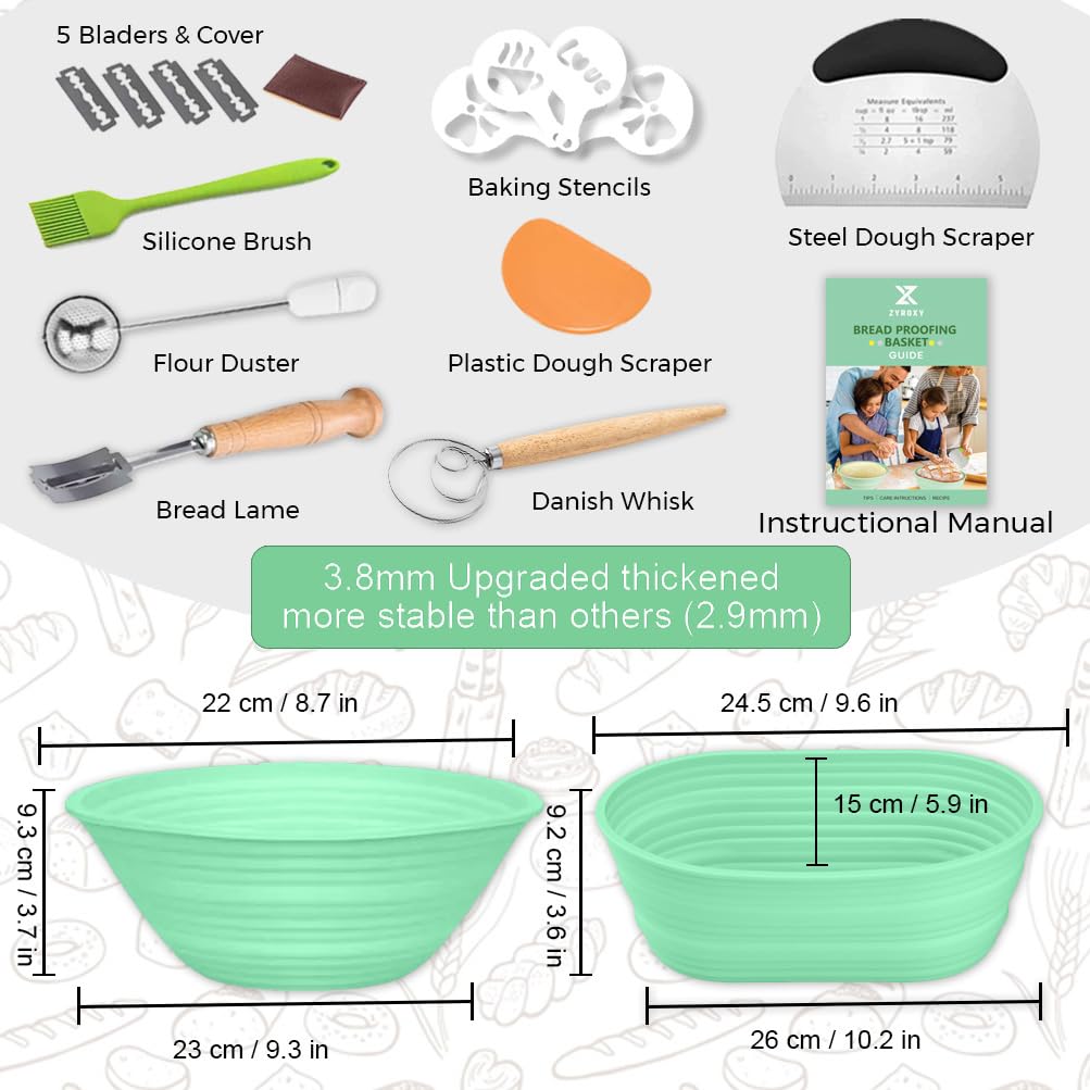 ZYROXY Silicone Banneton Bread Proofing Basket Round & Oval, Sourdough Starter Kit, Foldable Sourdough Baking Basket, Includes Essential Tools, Easy to Clean and Use