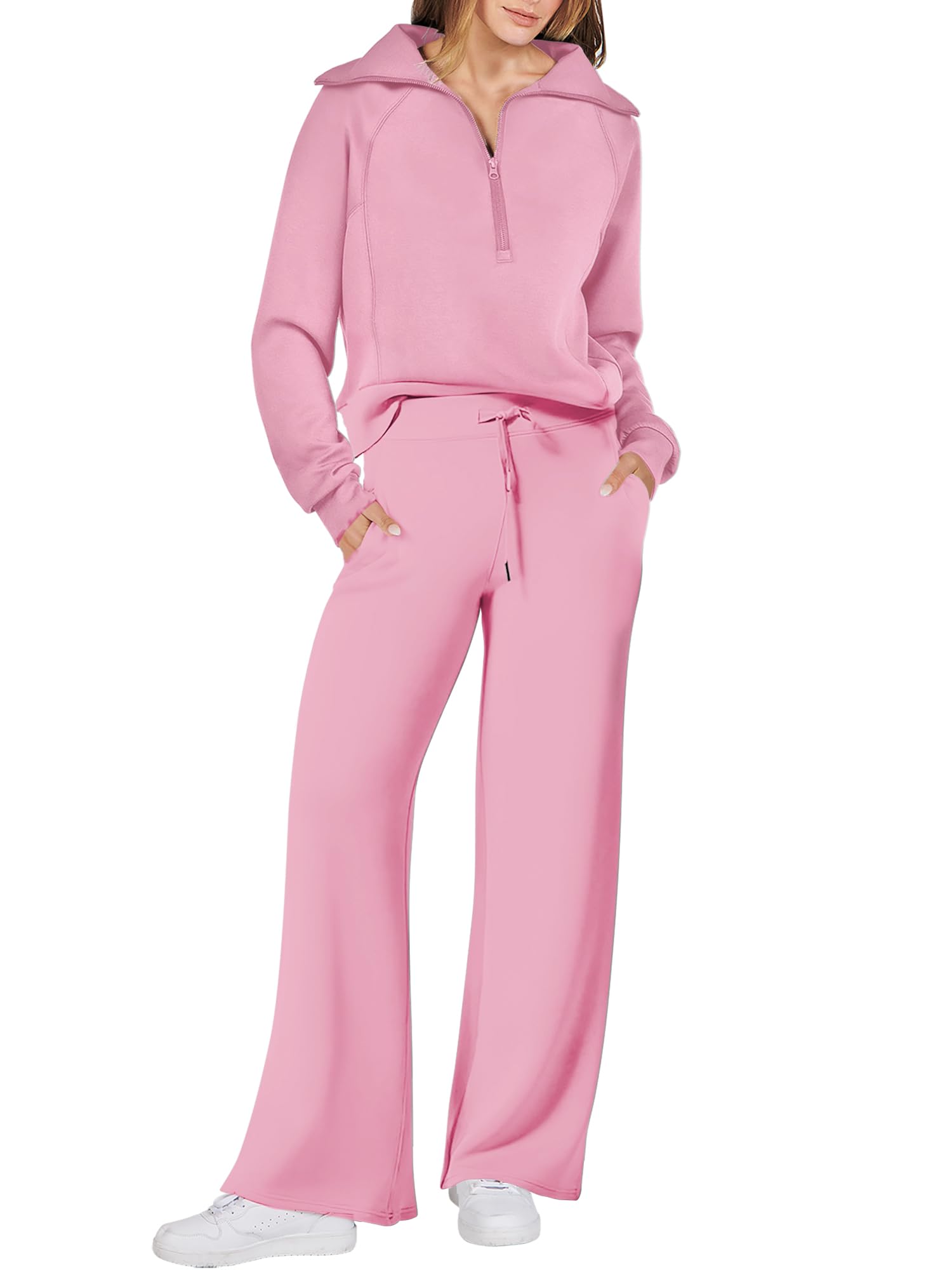 ANRABESS Women 2 Piece Set Sweatsuits Lounge Fall Outfits | Quarter Zip Pullover Wide Leg Pants & Pockets Matching Set,Casual Travel Fashion Airport Vacation Clothing,Sweat Track Suits
