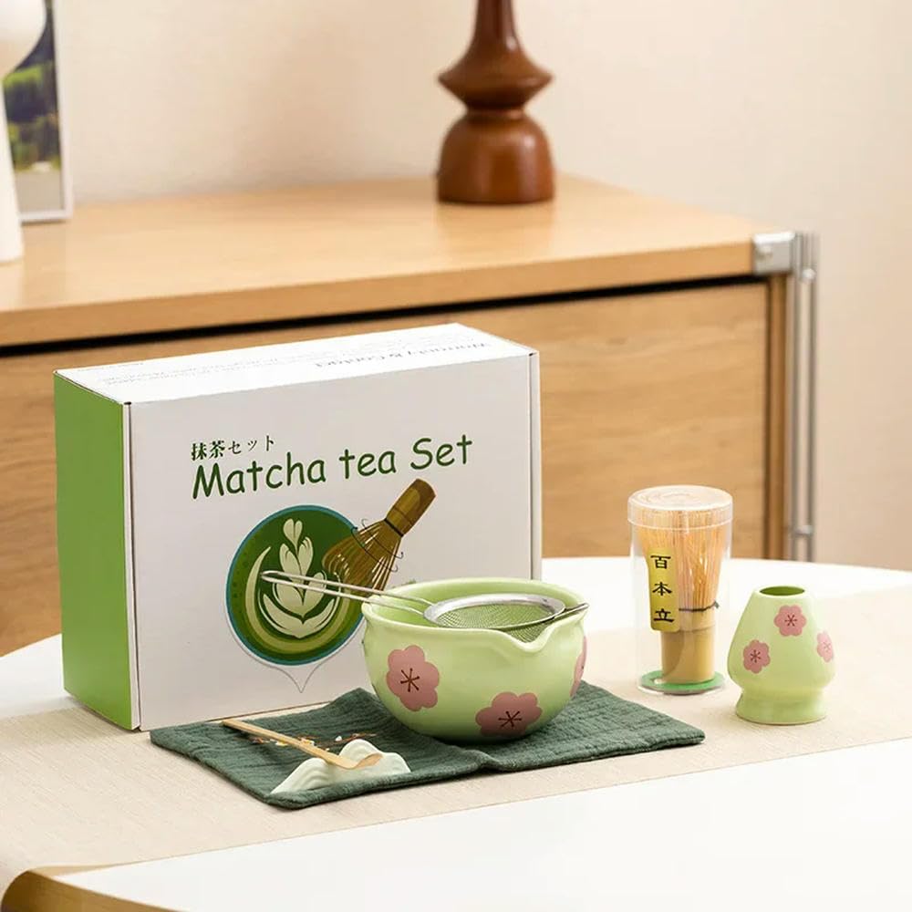 LIUXIN 4/5/7/10 Pezzi Rosa/Verde/Bianco Fiori Ciotola in Ceramica Matcha Frusta da tè Pennello per Il tè Matcha Strumenti Scatola Regalo per Gli Amanti del tè