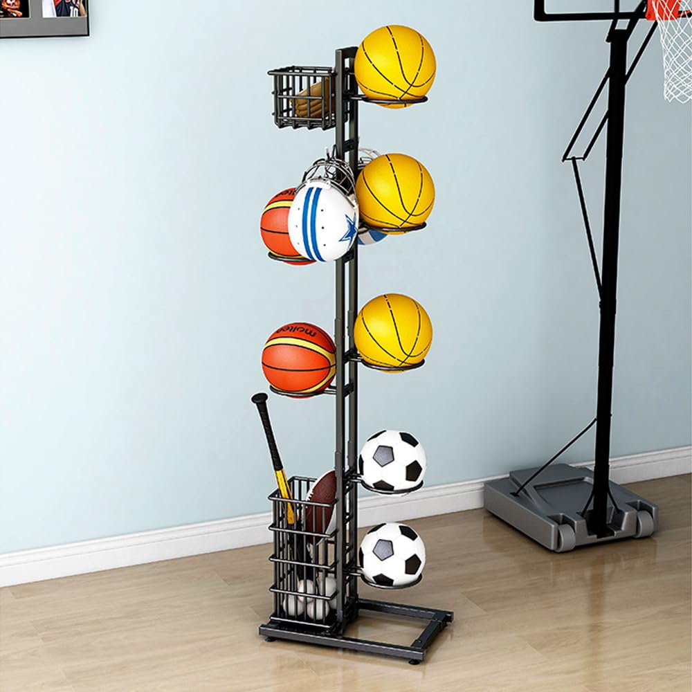 NUODWELL Estante de almacenamiento de pelotas, organizador deportivo con cesta y ganchos, estante de baloncesto de metal, para garaje y hogar