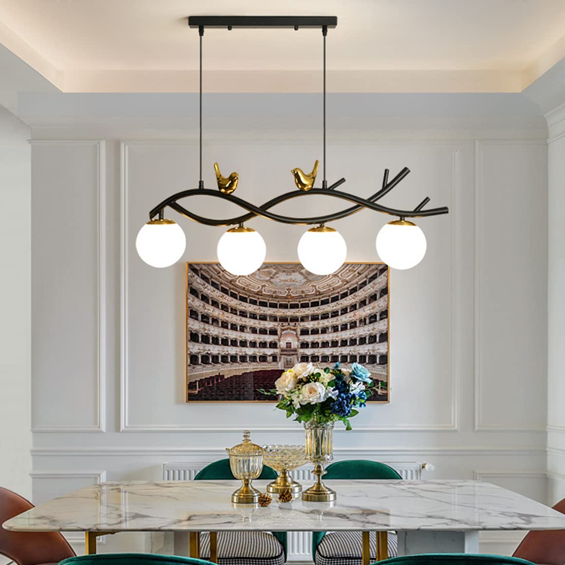 4 światła Szklana kula Oświetlenie żyrandola Matowe czarne lampy wiszące ze szklanym kloszem i pięknym wzorem ptaka, Vintage sufitowa lampa wisząca do sypialni Salon Jadalnia (A)