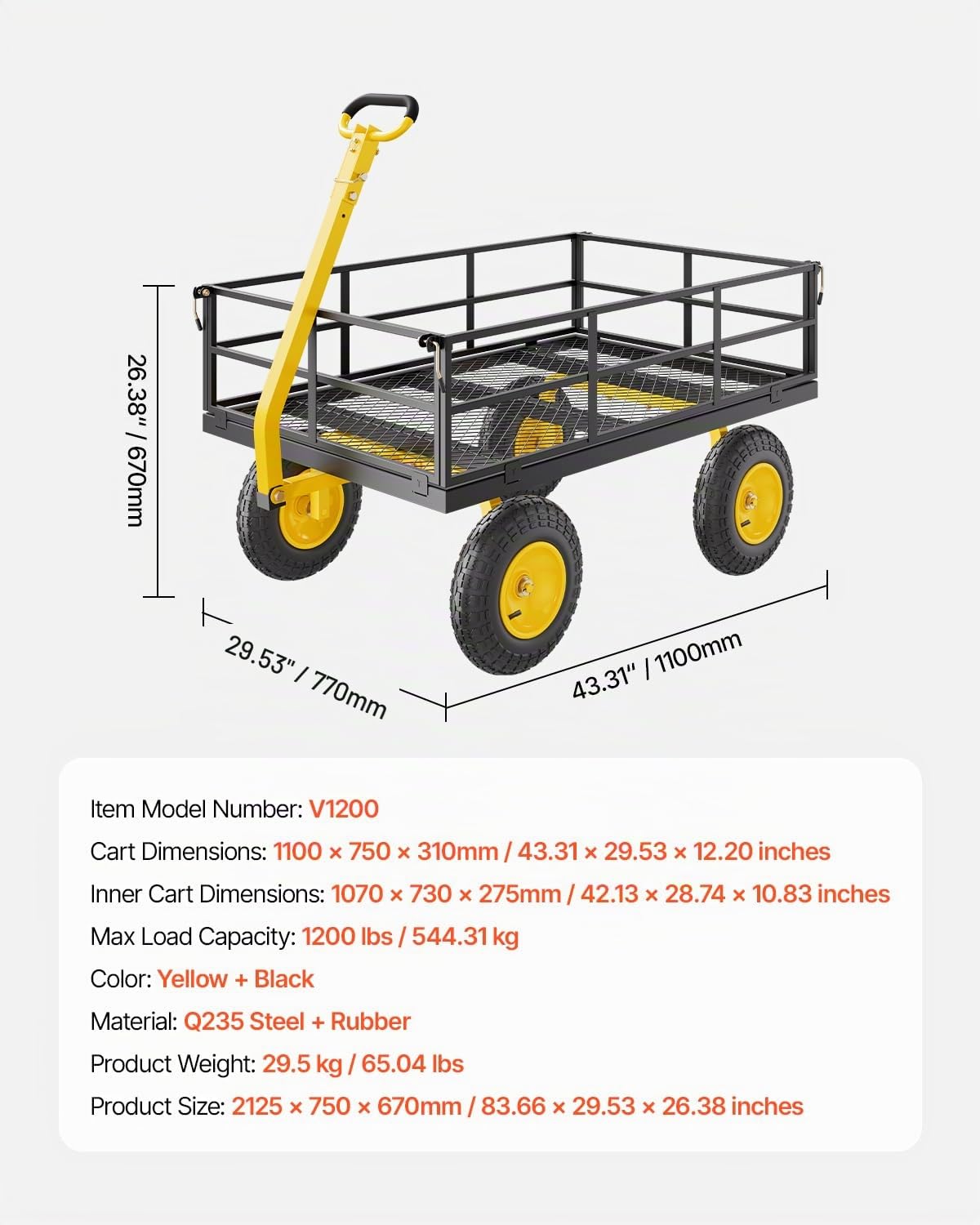 VEVOR 2 en 1 Carrito de Jardín de Acero de 2125 x 750 x 670 mm con Neumáticos Todoterreno de 13", Laterales de Malla Extraíbles y Manija Giratoria de 180°, Carga de 544,31 kg, Amarillo y Negro