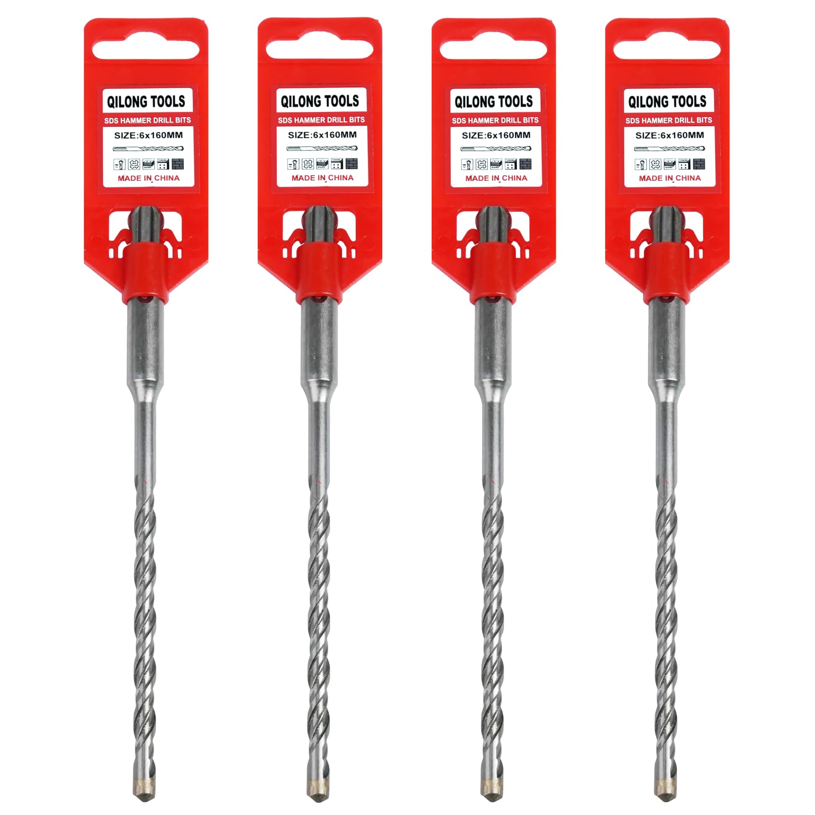 Juego de 4 Brocas SDS Plus para Hormigón 6x160mm – Código Rojo – Perforación en Hormigón, Ladrillo, Bloque – Broca Hormigón Alta Durabilidad – Guía Precisa – Compatible para SDS+
