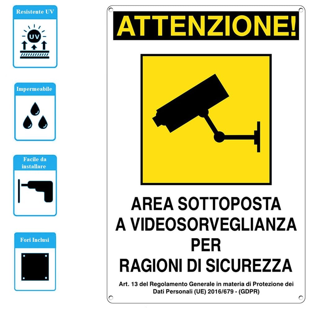 Virsus Cartello Area Videosorvegliata per ragioni di sicurezza 955/A, Misura 20x30 cm, Pannello di Sorveglianza in Alluminio, per Aziende, Uffici, Magazzini, Condomini, Immobili (6)
