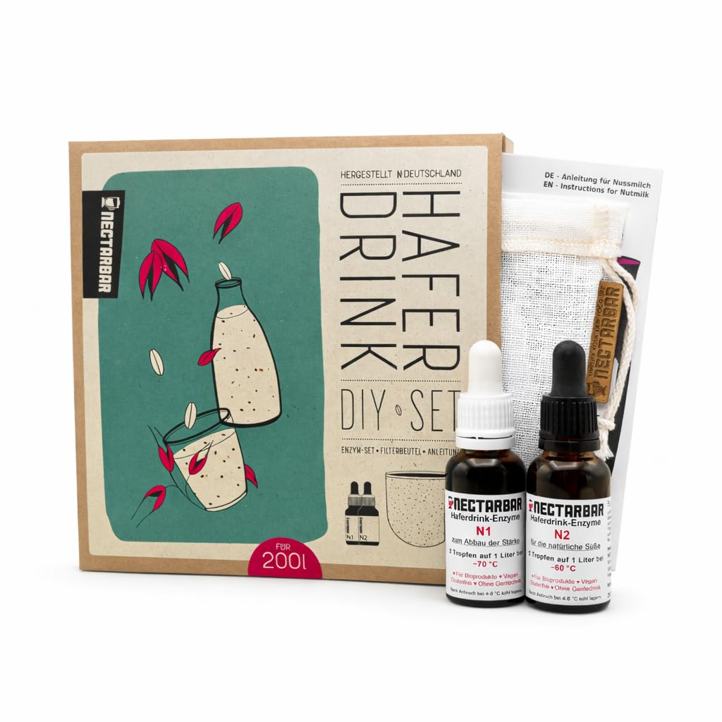 DIY-Set für Haferdrink, Enzymlösungen N1/N2 und Leinen-Filterbeutel (Im Karton: Box, 20 ml - für 200 Liter)
