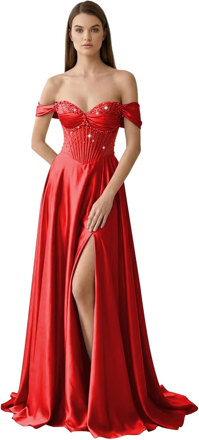 Rjer Off the Shoulder A Line Satin Beaded Prom Dress with Slit Sweetheart Corset Formal Dress Long for Women