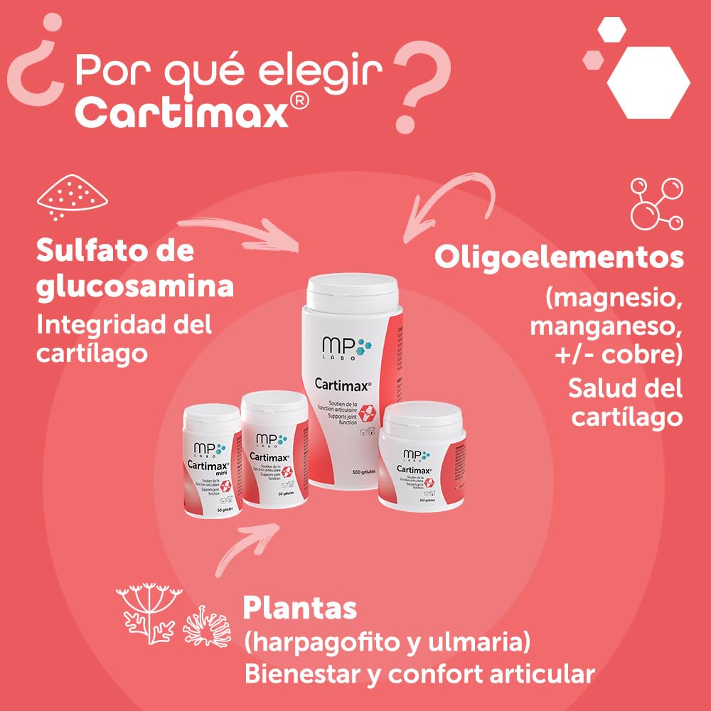 MP Labo Cartimax® - Apoyo de la función Articular para Perros y Gatos - Glucosamina, harpagofito, Reina de los prados, bambú y oligoelementos (250 cápsulas)