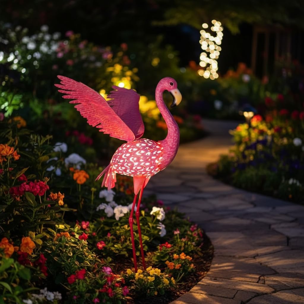 43" Metal Flamingo Garden Sculptures with Solar Light, Pink Flamingo Yard Art - Large Outdoor Lawn Ornaments & Decor for Patio, Backyard, Garden