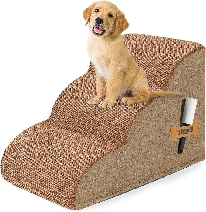 ROMROL Dog Stairs for Small Dogs, 3-Step Non-Slip Pet Ramp for Bed & Sofa – High-Density Foam, Removable Washable Cover – Soft Dog Steps for Puppies, Senior Dogs & Cats, 58x38x38cm, Brown