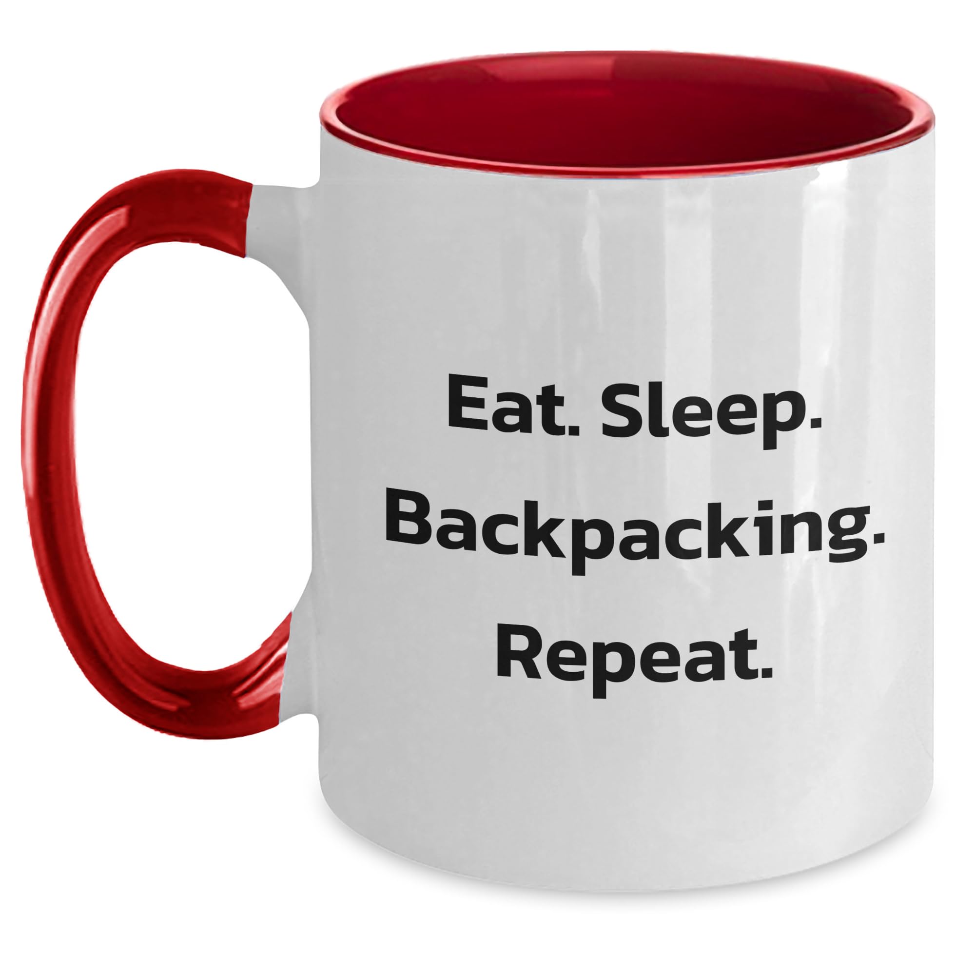 Backpacking Essentials Gift for Her, Backpacking Funny Quote Mug, Eat Sleep Backpacking Repeat, Two Tone Coffee Mug for Graduation, Gifts from Women to Friends