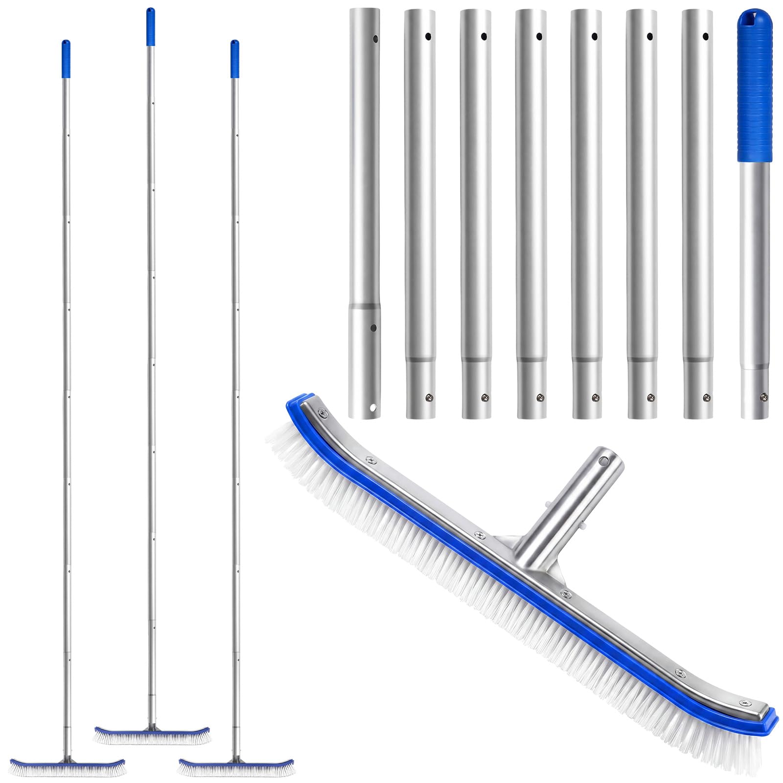 Thenshop Schwimmbadbürste mit verstellbarer Aluminiumstange, 43,2 cm breite Wandbürste mit Verlängerungsgriff bis zu 2,5 m gebogene Borsten, Schnappverschluss-Design für Innen- und oberirdische Pools