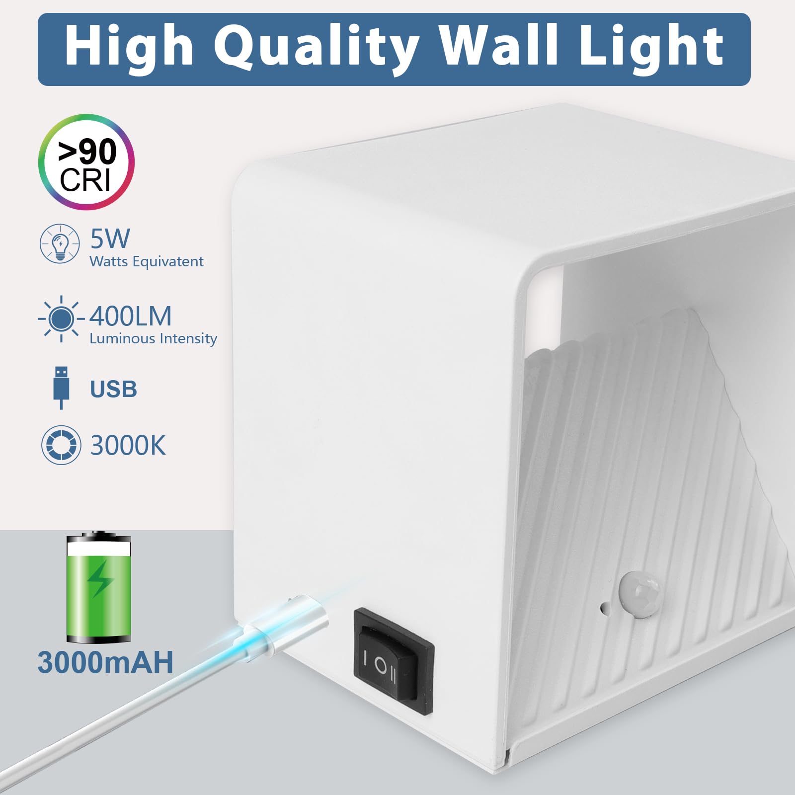 GeyouLux 2 stuks 5 W wandlamp voor binnen, oplaadbaar, met bewegingsmelder, wandlamp, draadloos, USB-oplaadbaar, 3000 mAh, led, wandlamp, slaapkamer, drie modi, voor binnen, zwart