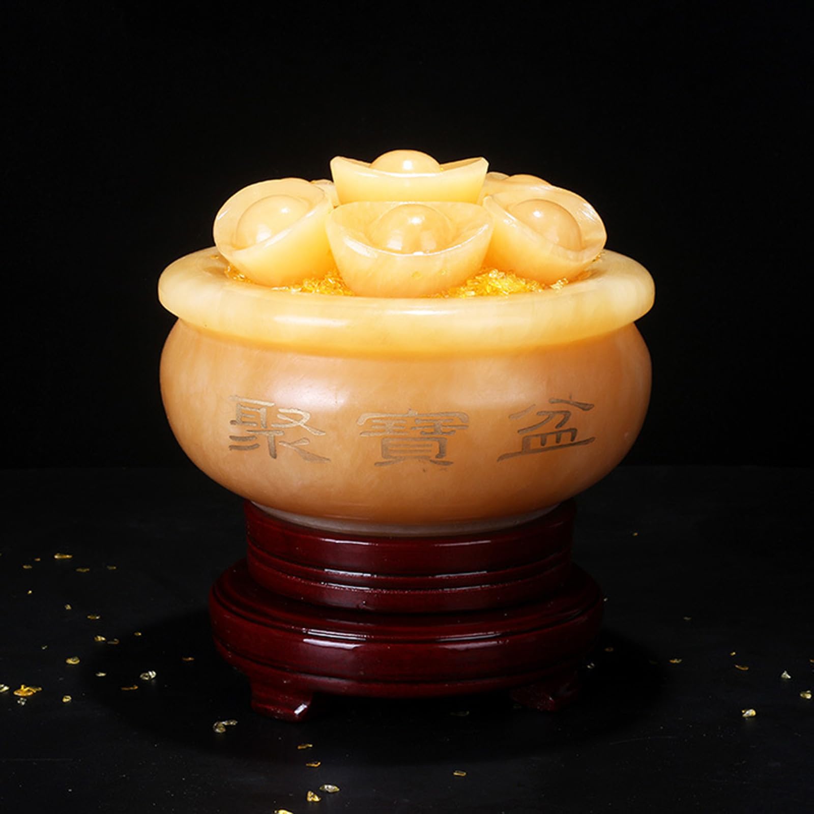 Cuenco de jade beige Feng Shui amuleto de riqueza con lingotes de oro chinos y cornucopia de suerte