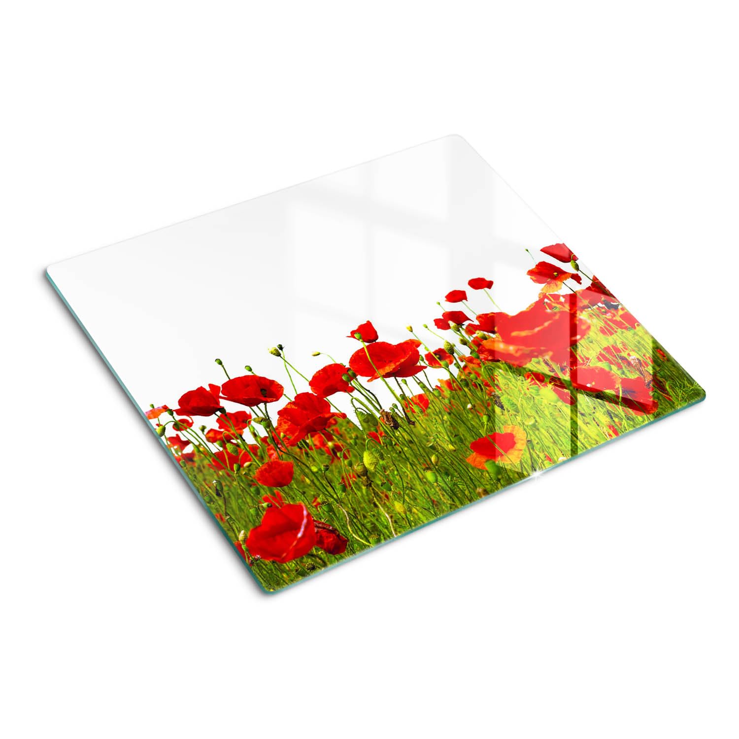 Küchenbrett Glas 60x52 cm Lebensmittelecht Rutschfest Silikonfüße Antibakteriell Dekorativ Dünn Glasplatte Hitzebeständig für die Küche Gehärtetes Glas Plastikfrei - Feldmohn