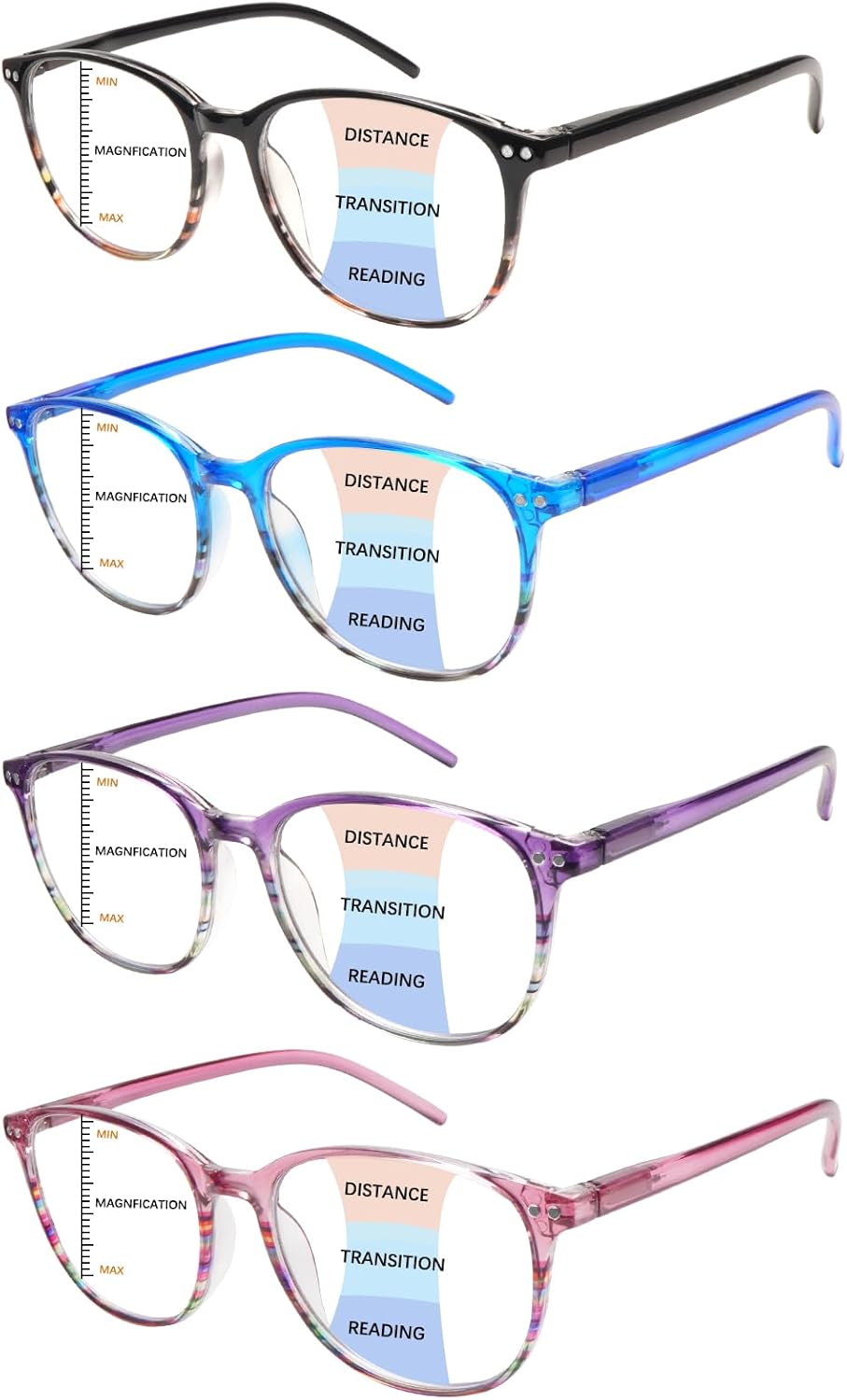 Progressive Multifocus Reading Glasses, Blue Light Blocking Computer Readers Spring Hinge 4 Pack - Image 2