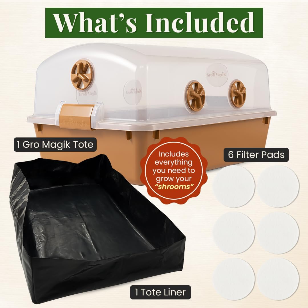 Premium Mushroom Monotub [XLarge, 68Q Grow Kit] Portable and Compact Fruiting Chamber with Filter Discs, Liner and Adjustable Air Vents, 22.8 x 15.7” x 12”, Brown