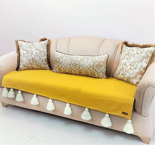 WWW.THROWPILLOW.IN Mustard Yellow with White Tassels Three Seater Anti-Slip Tassel Sofa Cover 3 Seater- Heavy-Duty, Dust Proof & Scratch-Resistant-Sofa Seat Seater, Size: 65 x 170 CMS