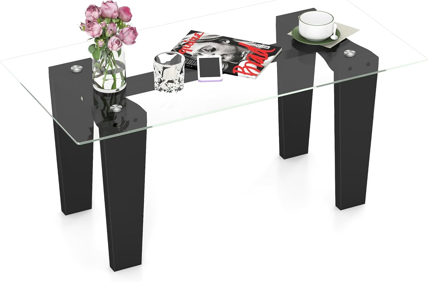 Tangkula Glass Coffee Table, 39.5 Inch Modern Rectangular Center Table with Solid Rubber Wood Legs, Minimalist Cocktail Table for Living Room, Home, Office, Small Spaces (Rectangular, Black)