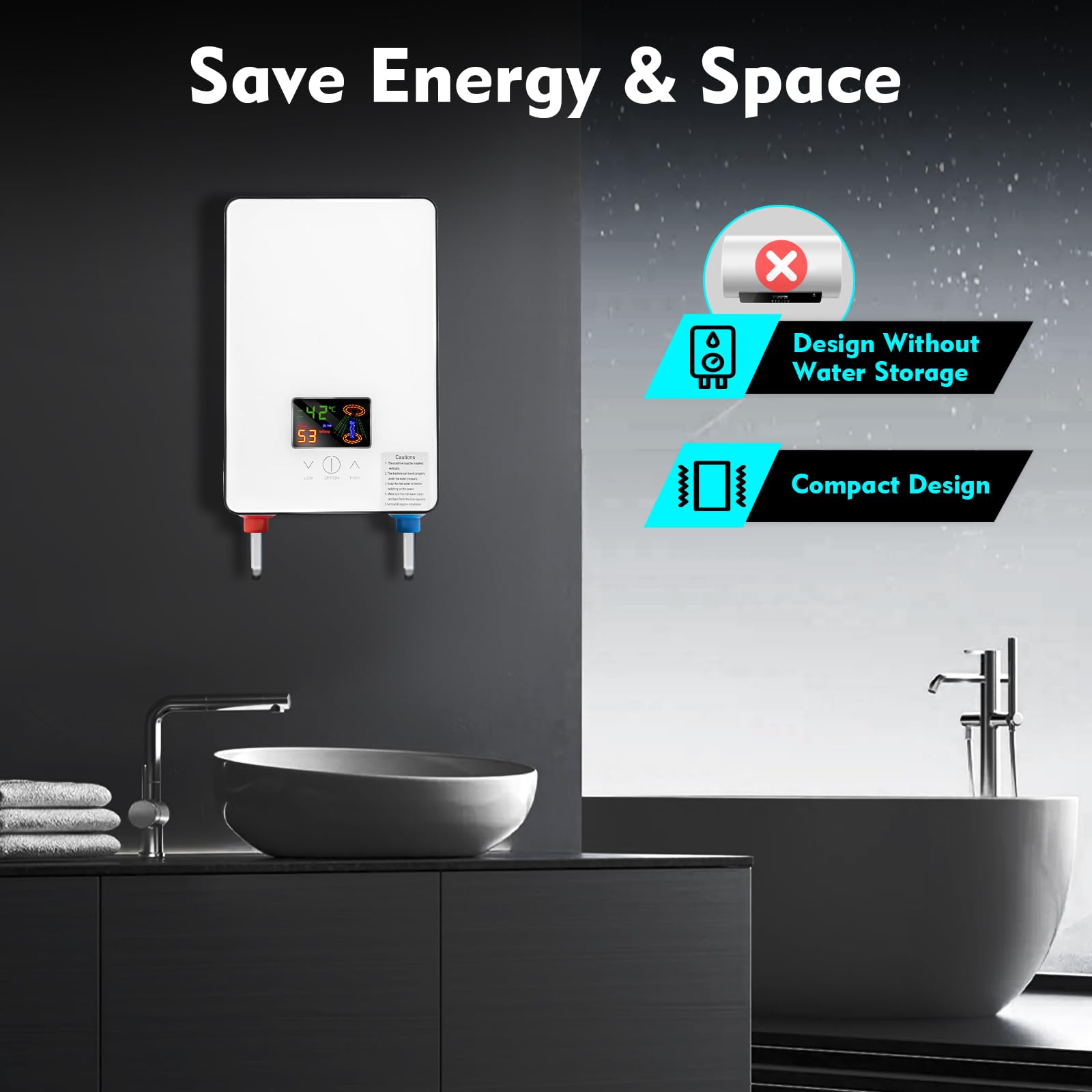 Calentador de agua eléctrico digital, 6500 W, sin tanque, para baños, peluquerías, hoteles, salones de belleza, escuelas, hospitales, 18,6 x 5,7 x 27,7 cm (blanco)