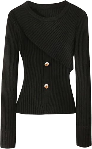 SOLY HUX Women's Long Sleeve Asymmetrical Sweater Crew Neck Button Trendy Pullov