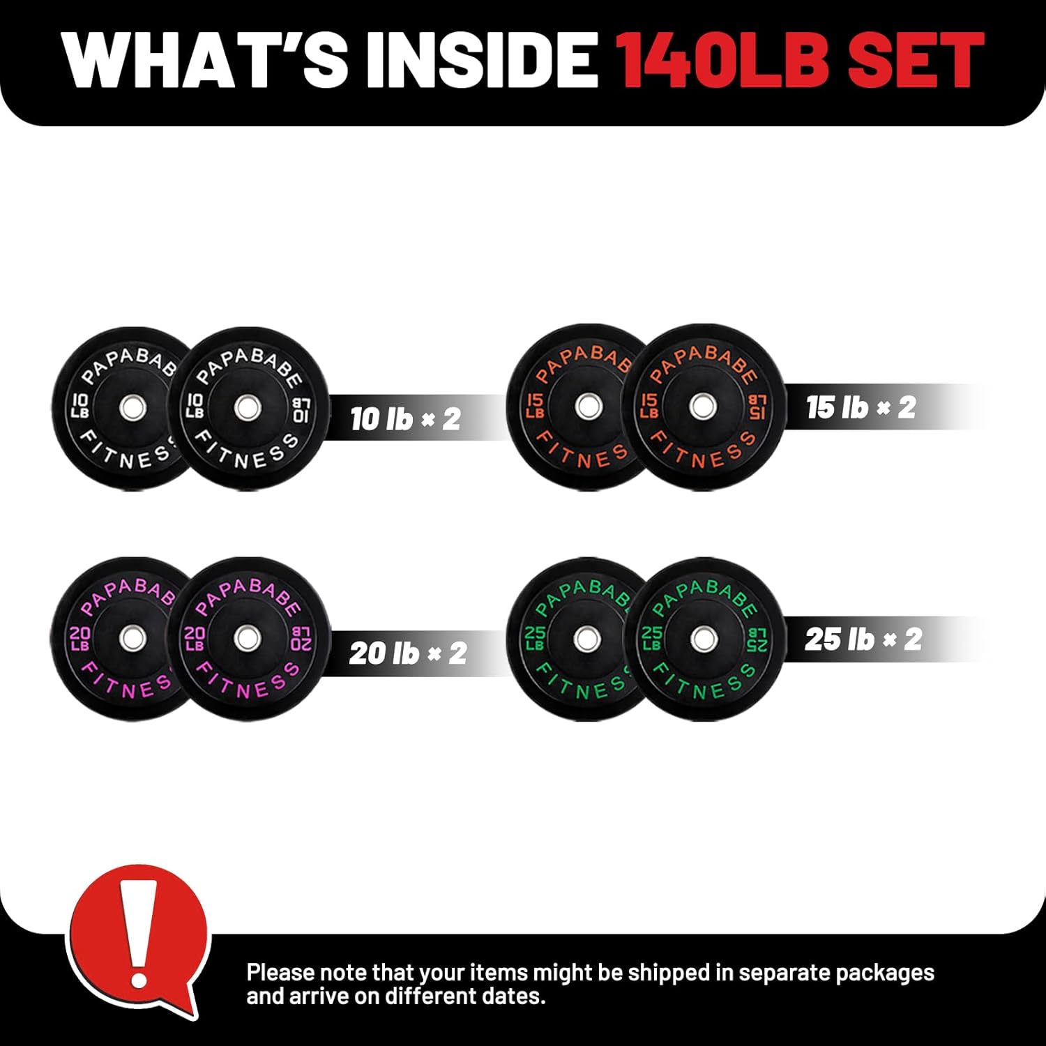 PAPABABE Olympic Weight Plates 140lb Bumper Plates, 2 inch Barbell Weight Plates Set for Home Gym, Black Rubber Weights Strength Training Plates for Weight Lifting